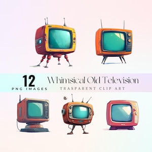 Imágenes prediseñadas de TV retro caprichosas, ilustración de televisión vintage PNG, arte gráfico colorido de TV antigua de ciencia ficción, arte de transmisión de dibujos animados divertidos