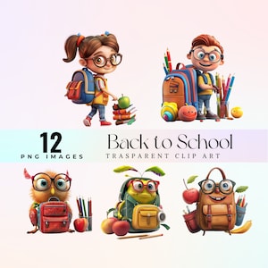 Clipart de sac à dos fantaisiste, illustration de sac d'école drôle aquarelle PNG, art graphique de sac à dos de style dessin animé joyeux, art de fournitures scolaires