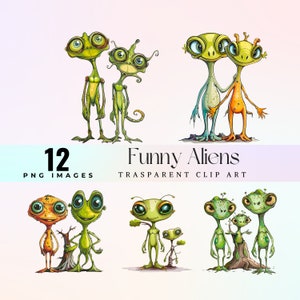 Funny aliens clip art, watercolor comical extraterrestrials illustration PNG,   playful cartoon alien graphic art, whimsical ET clip art