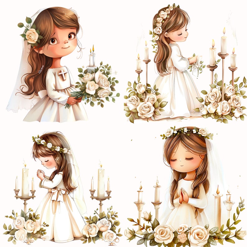May include: Four illustrations of girls dressed in white communion dresses with veils and floral crowns. Each girl is holding a rosary and standing in front of a candle stand with white roses.