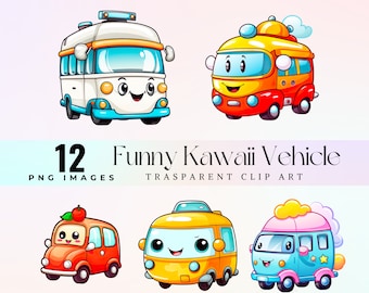 Kawaii Vehicle Clipart: Watercolor Trucks & Cars (PNG, 300dpi)