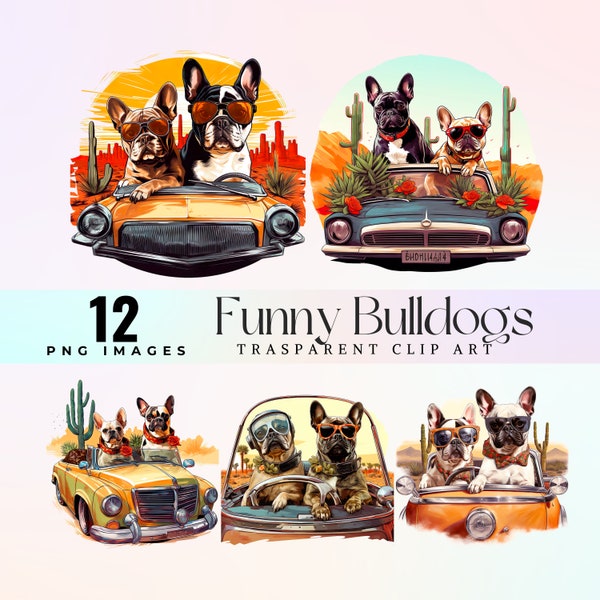 Funny Bulldogs on vintage Cadillac clip art, laughing Cadillac Bulldogs illustration PNG, cartoon sunglass bulldog vintage ride graphic art