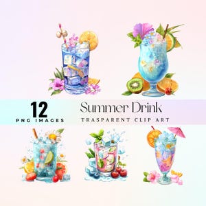 May include: Watercolor illustrations of summer drinks, including cocktails with ice cubes, fruit slices, and flowers. The image includes the text "12 PNG IMAGES" and "Summer Drink Transparent Clip Art."
