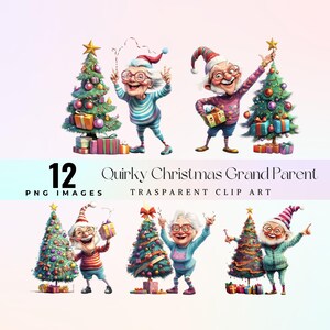 Image clipart Noël mignon grands-parents, illustration aquarelle joyeuse fête des aînés PNG, dessin animé amusant vacances grand-père et papa art graphique