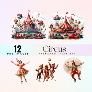 Puede incluir: Una ilustración vintage de una carpa de circo con rayas rojas y blancas, rodeada de carpas más pequeñas y globos aerostáticos. La ilustración es de estilo de dibujos animados y tiene un toque caprichoso.