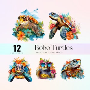 Könnte beinhalten: Ein Set mit 12 digitalen Clipart-Bildern, die farbenfrohe, skurrile Schildkröten mit floralen Akzenten zeigen. Die Schildkröten sind in verschiedenen Posen dargestellt, darunter das Tragen von Sonnenbrillen und umgeben von Blumen. Die Bilder sind perfekt, um Ihren digitalen Projekten einen Hauch von Skurrilität zu verleihen.