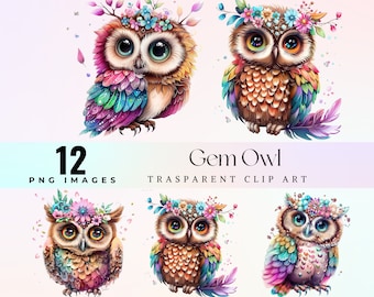 Watercolor Gem Baby Owl Clip Art: Floral Bird PNG (Digital Download)