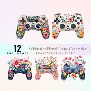 Manette de jeu florale mignonne, illustration PNG de gamer de pétales d'aquarelle, art graphique de garniture de fleur de dessin animé, oeuvre d'art drôle de contrôleur de fleur