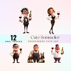 May include: A collection of 12 PNG images featuring cartoon sommeliers. Each character is holding a wine glass or bottle, dressed in professional attire. The text "Cute Sommelier" and "Transparent Clip Art" are also included.
