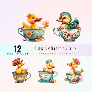 wunderliche Tee Enten Clip Art, Aquarell charmante kleine Ente in einer blumigen Tasse Tee Illustration PNG, Vintage lustige Teatime Grafik Art