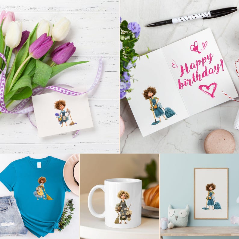 Whimsy Clean Whimsical Cleaning Woman Clipart: Funny Maid PNG, Junk Journal Stickers ...