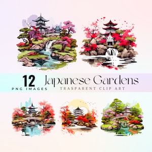 Image clipart gracieuse de jardins japonais, illustration de paysages zen à l'aquarelle PNG, art graphique élégant de flore asiatique, art de jardin zen printanier mignon