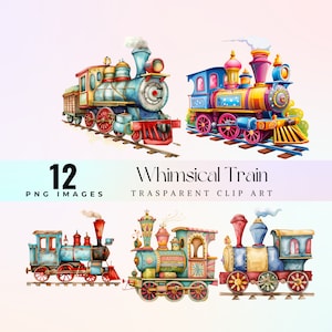 Imágenes prediseñadas de tren caprichoso, ilustración de locomotora peculiar de acuarela PNG, arte gráfico de tren divertido de dibujos animados, arte de locomoción alegre 300 ppp