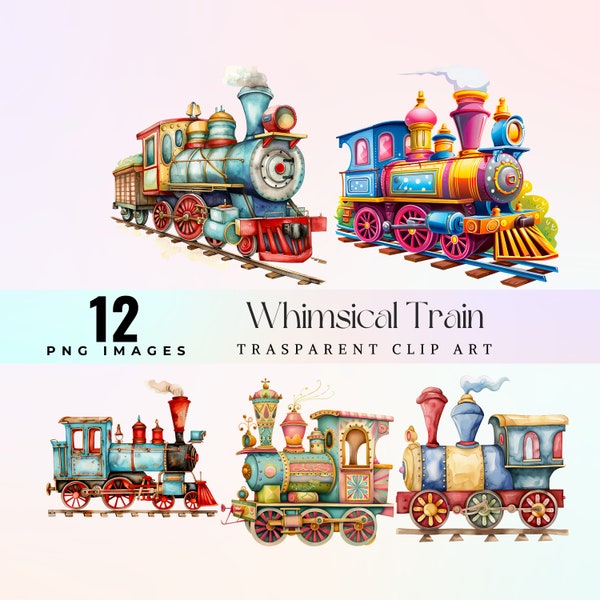 Whimsical Train clip art, watercolor quirky locomotive illustration PNG, cartoon fun train graphic art, joyful locomotion art 300 dpi