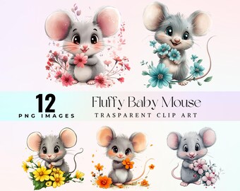 Mouse and Flowers Clipart: Fluffy Mice Cartoon Illustration (PNG)