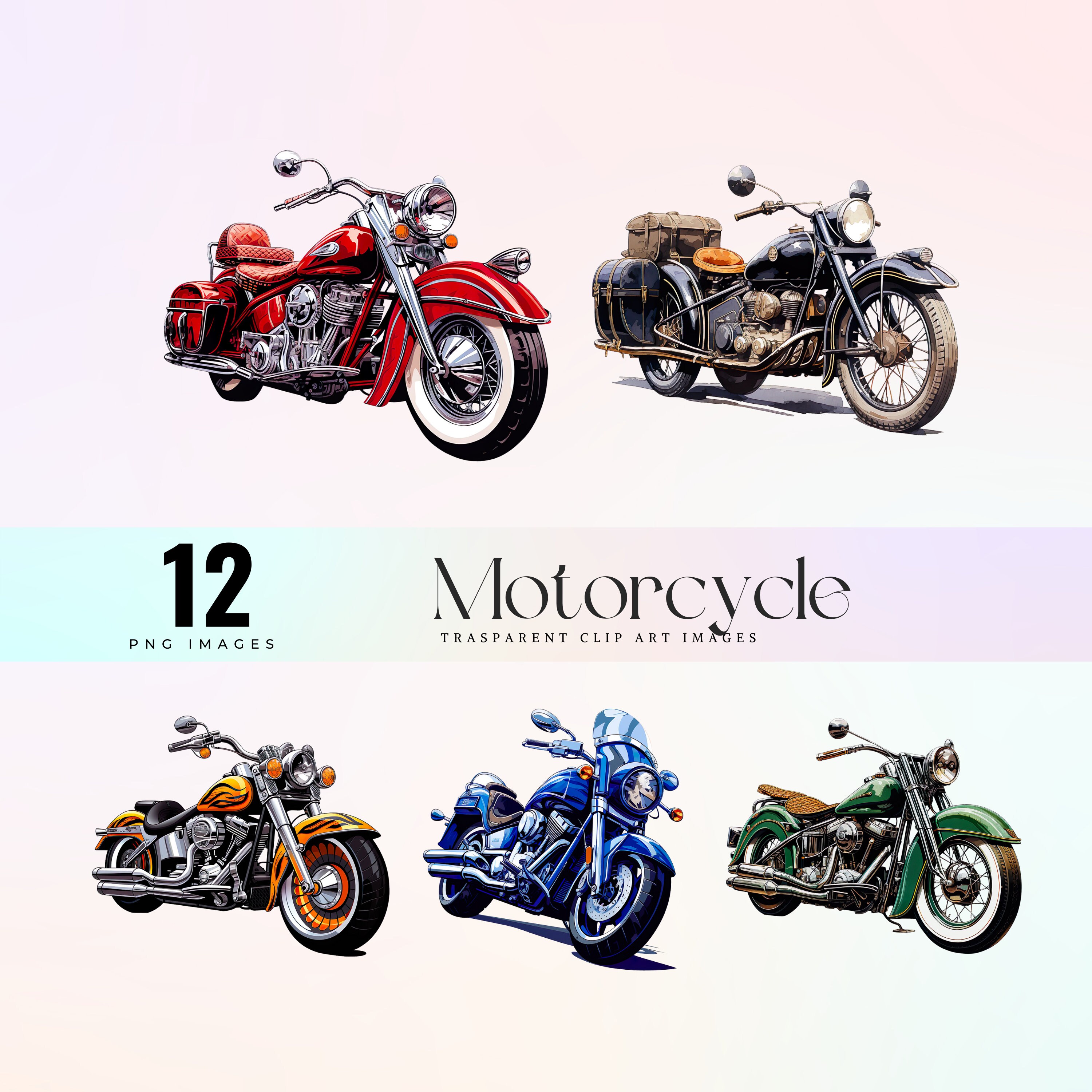 Vintage Motorcycle clip art, watercolor  motorbike illustration PNG, bike  vector graphics, funny street motorcycle printable clipart