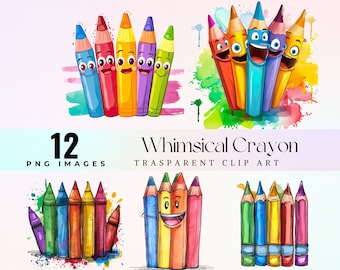Whimsical Crayon Clip Art: Watercolor Funny Pencils (PNG Digital Download)