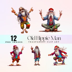 Funny Old hippie man clip art, hilarious cartoon illustration PNG of happy seniors hippie , Groovy Elderly Hippies graphic art 300 dpi