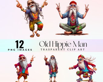 Funny Old Hippie Man Clip Art: Cartoon PNG (300 dpi)