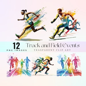 Puede incluir: Un conjunto de 12 ilustraciones digitales de atletas de atletismo corriendo. Las ilustraciones están en un estilo acuarela con salpicaduras de color. El texto "12 Track and Field Events" y "Transparent Clip Art" está incluido en la imagen.