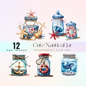 Niedliches Nautikglas Clip Art, Aquarell winziges maritimes Glas Illustration PNG, Cartoon lustige Seeglasbehälter Grafik, niedliche Ozeanflaschenkunst
