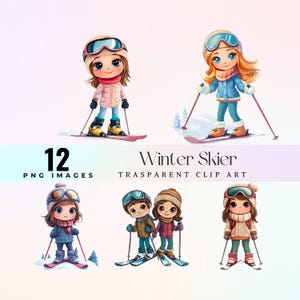 Image clipart mignon skieur d'hiver, adorable ski enfants illustration Png, art graphique de sports d'hiver de dessin animé confortable, belle oeuvre d'art d'amis de ski