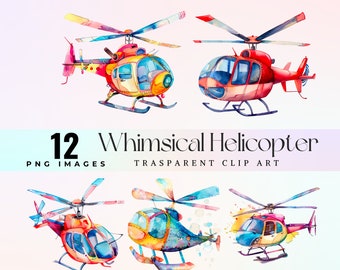 Watercolor Helicopter Clipart, Playful PNG Graphics (Digital Download)