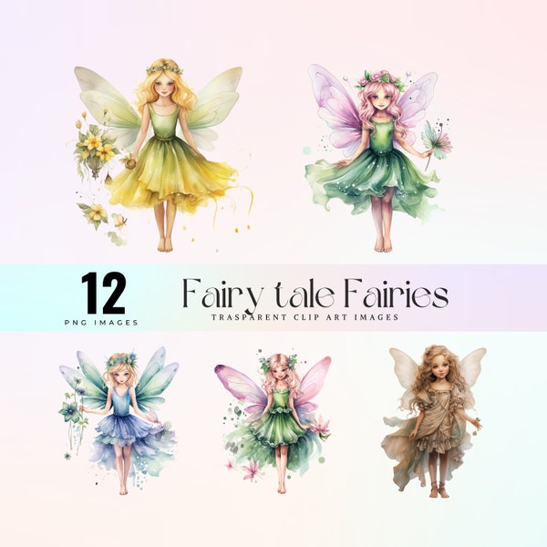 Cute fairy tale fairies clip art, watercolor magical woodland fairies illustration PNG, tiny wood nymphs graphic art, enchanting sprites art