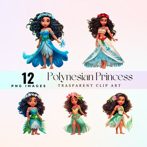 Op de afbeelding: Een set van 12 digitale clip art-afbeeldingen met Polynesische prinsessen in verschillende poses en outfits. De prinsessen hebben lang, donker haar, een bruine huid en dragen bloemenhoofdbanden en traditionele kleding. De afbeeldingen zijn perfect voor het maken van uitnodigingen, kaarten en andere knutselprojecten.