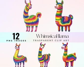 May include: A collection of 12 PNG images featuring whimsical llama clip art. The llamas are vibrantly colored with rainbow stripes and have a cartoonish design. Text on the image reads "Whimsical Llama Transparent Clip Art".