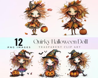 May include: A set of 12 digital clip art images featuring whimsical Halloween witches with autumn leaves, pumpkins, and bats. The images are in PNG format and have transparent backgrounds.