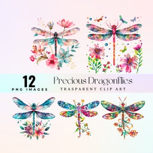May include: Twelve watercolor illustrations of dragonflies with floral accents. The dragonflies are depicted in various colors, including blue, green, pink, and yellow. The flowers are also in a variety of colors, including pink, purple, and white. The illustrations are set against a white background.