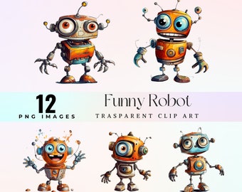 Watercolor Funny Robot Clipart: Cheery Cartoon Androids (PNG, 300 DPI)