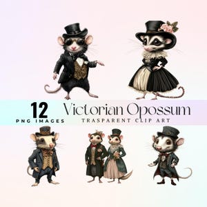 Image clipart drôle d'opossum victorien, jolie illustration édouardienne d'opossum png, art graphique de rongeur fantaisie dessin animé, art rétro idiot pour animaux de compagnie pour l'artisanat
