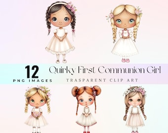 May include: Set of 12 digital illustrations of girls in white dresses and floral headbands. The girls have different hair colors and styles. The illustrations are in a cartoon style and are perfect for use in scrapbooking, card making, and other craft projects.