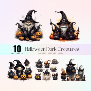 Cute Halloween dark creatures clip art, watercolor scary monsters illustration PNG , cartoon horror characters graphic art, gothic style art