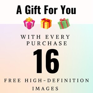 Puede incluir: Un gr&aacute;fico colorido con tres cajas de regalo, el texto "A Gift For You", "With Every Purchase", y el n&uacute;mero "16". Debajo del n&uacute;mero est&aacute; el texto "Free High-Definition Images".