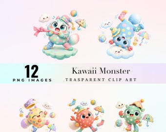 Kawaii Monster Clipart, Pastel Monster, Whimsical Creature, Cartoon Character, Crafting, Journaling, Playing Cards PNG