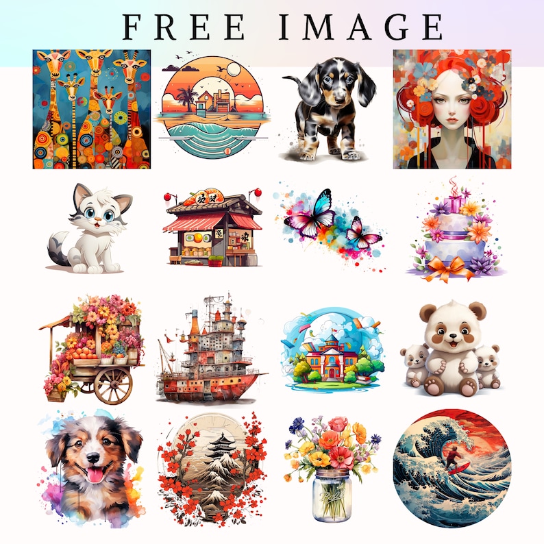 May include: A collection of 15 colorful digital illustrations featuring various subjects, including animals, landscapes, and abstract designs. The illustrations are in a cartoon style and feature bright colors.