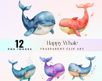 Cute happy whale clip art, watercolor cheerful cetacean illustration PNG, funny cartoon whale graphic art, joyful oceanic sea creature art