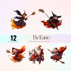 Imágenes prediseñadas de personajes de Befana, imagen de Epifanía de acuarela PNG, decoración festiva, vieja bruja montando un arte de dibujo gráfico de palo de escoba