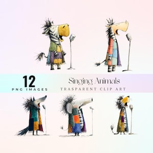 May include: Watercolor clip art set featuring six singing animals, including a zebra, wolf, elephant, and lion. Each animal wears a patchwork coat and sings into a microphone. The image includes the text "12 PNG IMAGES" and "Singing Animals".