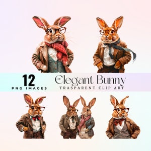 elegant bunny clip art, watercolor stylish rabbit cartoon illustration PNG, quirky chic bunnies graphic art, humorous rabbit artwork