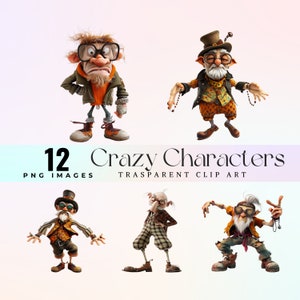 Images clipart personnages fous, illustration PNG de personnages excentriques à l'aquarelle, art graphique personnages loufoques, clipart folklorique loufoque, personnages rigolos