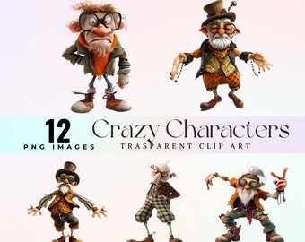 Crazy characters clip art, watercolor eccentric figures illustration PNG, goofy personages graphic art, zany folk clip art, funny characters