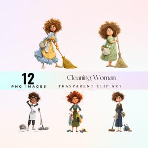 whimsical Cleaning Woman, Funny Cleaning Lady Clipart,  Messy Maid Cartoon Woman PNG for Junk Journals, Stickers, Crafts