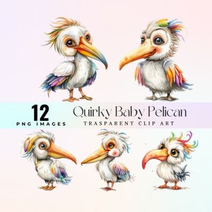 Clipart original de bébé pélican, illustration PNG d'oiseaux drôles de poisson blanc à l'aquarelle, art graphique joyeux dessin animé pélican, oeuvre de minuscules plumes