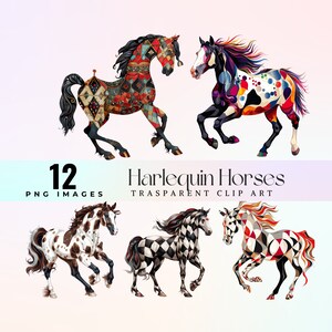 Image clipart cheval arlequin fantaisiste, illustration équine colorée décalée à l'aquarelle PNG, art graphique cheval multicolore génial dessin animéHarleqi