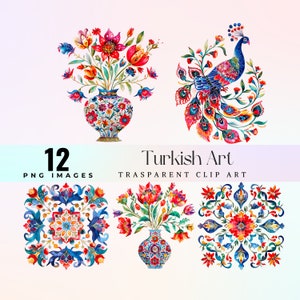 Aquarel Turkse kunst illustraties: bloemen- en pauwenmotieven (PNG)