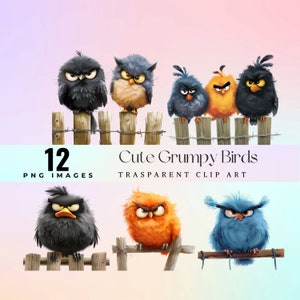 Divertidos pájaros gruñones en una valla prediseñada, acuarela linda ilustración de alegría aviar png, arte gráfico de comedia de valla caprichosa, pájaros hilarantes